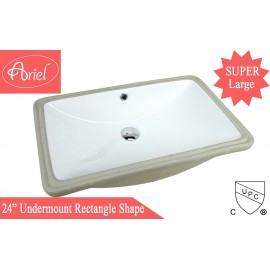SUPER LARGE ARIEL 24 Inch Rectrangle Undermount Vitreous Ceramic Lavatory Vanity Bathroom Sink Pure White 